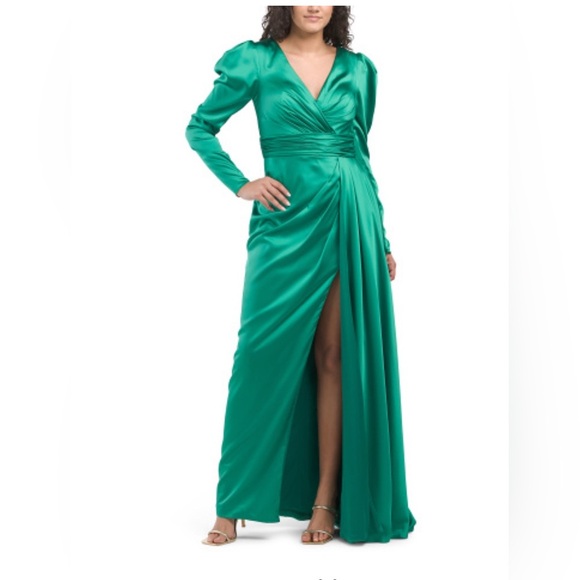 Mac Duggal 12404 Emerald Green Satin Puff Sleeve Evening Gown with Slit Size 6 - Picture 7 of 11